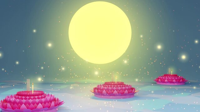 Loy Krathong festival. Happy Diwali. full moon celebrate. 3D render animation