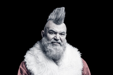 Evil aggressive gray-haired old man Santa in a bad mood. Severe dangerous Santa Claus with mohawk. New Year and Christmas in the company of an unusual bad Santa