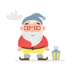 Fantasy character garden gnome in a hat, glasses, with a cloud and a flashlight. Vector isolated flat illustration