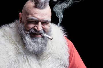 New Year and Christmas in the company of an unusual bad Santa. Tobacco smoking crazy Santa claus...