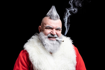 Tobacco smoking crazy Santa claus with mohawk. Dangerous gray-haired old man Santa. New Year and Christmas in the company of an unusual bad Santa