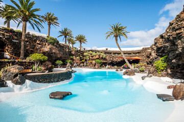 Amazing cave, pool, natural auditorium, salty lake designed by Cesar Manrique in volcanic tunnel called Jameos del Agua in Lanzarote, Spain