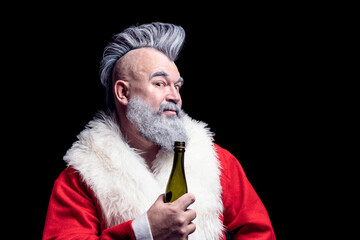 Alcoholic crazy Santa claus with mohawk. Dangerous gray-haired old man Santa. New Year and Christmas in the company of an unusual bad Santa