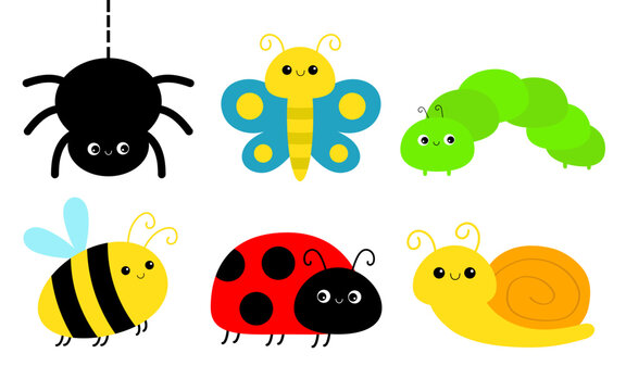 Caterpillar, ladybug ladybird, spider, bee bumblebee, butterfly, lady bug, snail. Insect set. Cute cartoon kawaii funny baby animal character. Flat design. Isolated. White background.