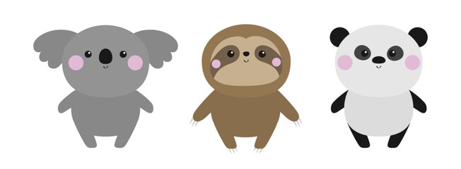 Sloth koala panda bear set icon. Cute kawaii cartoon baby character. Pink cheek. Happy Valentines Day. Greeting card template. Notebook cover, tshirt print. White background. Flat design.