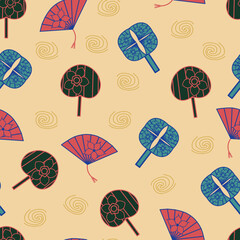 Cream and bright fans, flowers and swirls seamless pattern background.  Perfect for fabric, scrapbooking, quilting, wallpaper and many more projects.