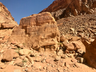 Wadi Rum, Jordan, November 2019 - A canyon with a mountain in the background