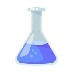 Cartoon conical flask with blue liquid. Using glass flasks for conducting chemical analysis or experiment and making potion. Lab equipment, laboratory, chemistry concept - obrazy, fototapety, plakaty
