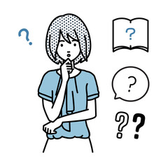 立って手をあごにあてて疑問を感じているオフィスカジュアルの女性 クエスチョンマークのセット