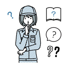 立って手をあごにあてて疑問を感じている作業員の女性 クエスチョンマークのセット