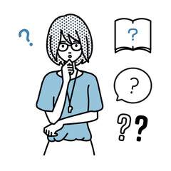 立って手をあごにあてて疑問を感じている教師の女性 クエスチョンマークのセット