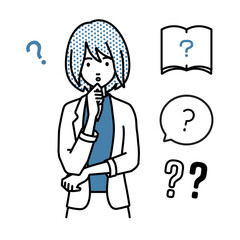 立って手をあごにあてて疑問を感じているジャケットの女性 クエスチョンマークのセット