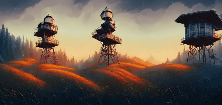 Artistic concept painting of a watch tower on the landscape, background illustration.