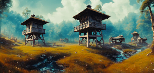 Artistic concept painting of a wooden watch tower, background illustration.