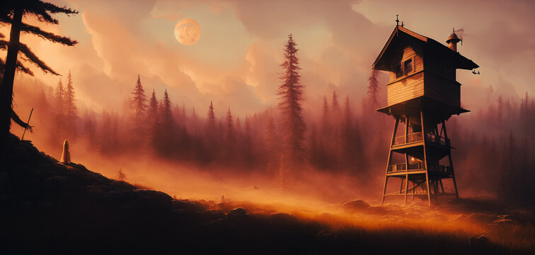 Artistic concept painting of a wooden watch tower, background illustration.