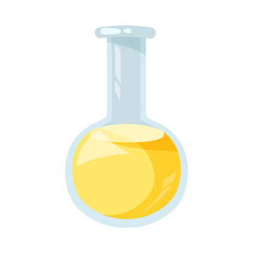 Cartoon round flask with yellow liquid. Using glass flasks for conducting chemical analysis or experiment and making potion. Lab equipment, laboratory, chemistry concept