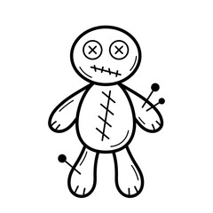 Voodoo doll. Ritual object for witchcraft, magic and casting spells or damage to a person. Hand drawn sketch style. Isolated vector illustration in doodle line style.