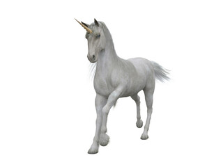 Fototapeta na wymiar White unicorn trotting, front view. Fairytale creature 3d illustration isolated on transparent background.
