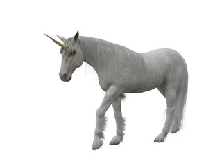 White unicorn walking. Fairytale creature 3d illustration isolated on transparent background.
