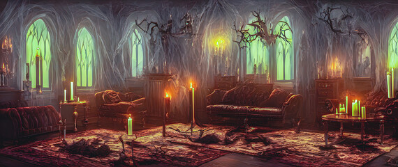Artistic concept painting of a beautiful scary halloween interior