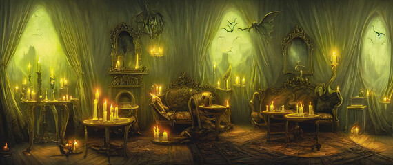 Artistic concept painting of a beautiful scary halloween interior