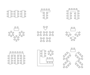 Plan for arranging seats and tables in interior on event banquet, layout graphic outline elements. Chairs and tables signs in scheme architectural scheme. Furniture, top view. Vector line