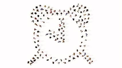 Concept conceptual large community of people forming the alarm clock icon. 3d illustration metaphor for time, countdown, notification, intenet, application and deadline