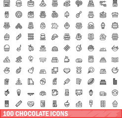 100 chocolate icons set. Outline illustration of 100 chocolate icons vector set isolated on white background
