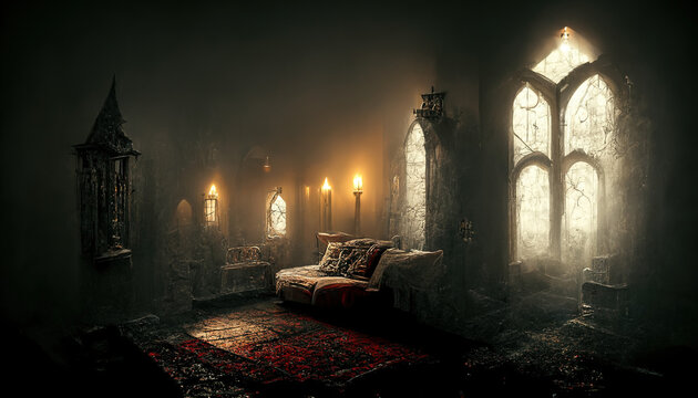 AI generated or 3D illustrated image on the living room of a vampire castle. Dracula's castle 