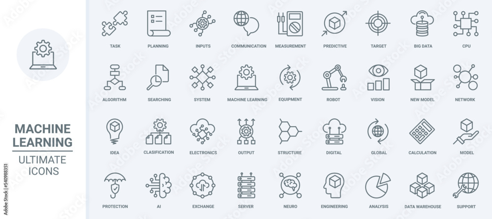 Leinwandbilder Machine learning, data analysis thin line icons set vector illustration. Outline algorithms and automatic smart processes of AI communication, circuit in digital robot brain, future technology
