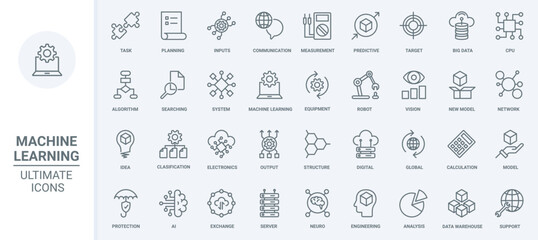 Naklejka na ściany i meble Machine learning, data analysis thin line icons set vector illustration. Outline algorithms and automatic smart processes of AI communication, circuit in digital robot brain, future technology