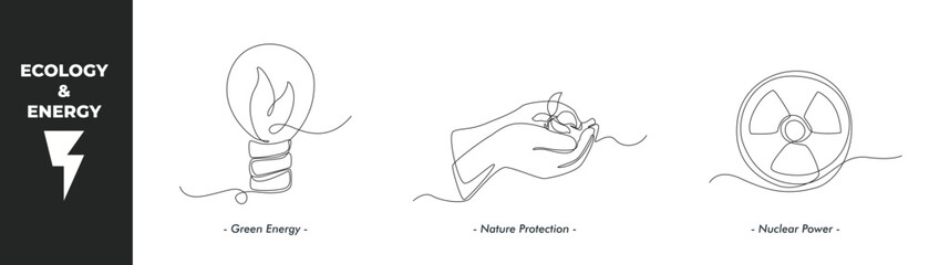 Single one line drawing energy and ecology concept set.  Green energy lamp, Nature protection and Nuclear power. Continuous line draw design graphic vector illustration.