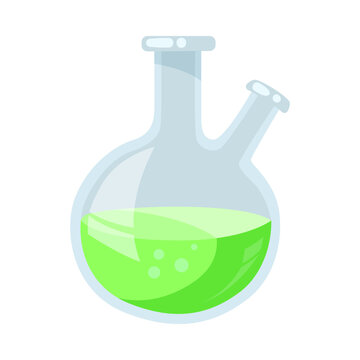 Cartoon two neck flask with green liquid. Using glass flasks for conducting chemical analysis or experiment and making potion. Lab equipment, laboratory, chemistry concept