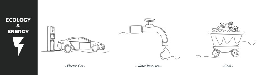 Single one line drawing energy and ecology concept set. Electric car, Water energy and coal energy. Continuous line draw design graphic vector illustration.