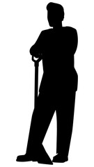 Black silhouette of man in work overalls stands leaning on shovel, isolated on white. Design element.