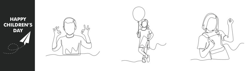 Single one line drawing children day concept set. Happy boy and girl in children day. Balloons and rise hands ok. Continuous line draw design graphic vector illustration.