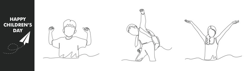 Single one line drawing children day concept set. Happy boy and girl rising hands in children day. Continuous line draw design graphic vector illustration.