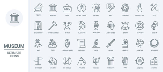 Fototapeta na wymiar Museum thin line icons set vector illustration. Outline art gallery exhibition and ancient architecture symbols, warning signs, surveillance and tickets, headphones for audio guide, signpost pictogram