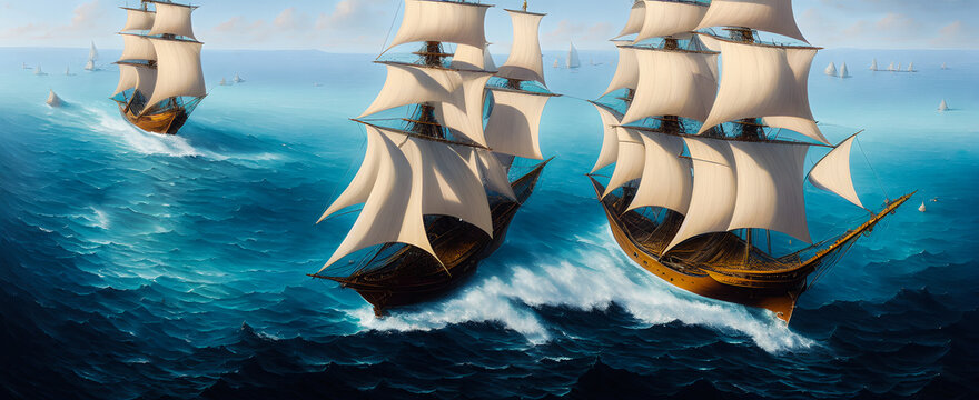 Painting of a tall ship on the sea, background illustration.