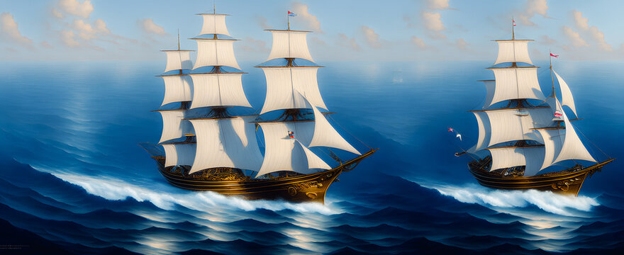 Painting of a tall ship on the sea, background illustration.