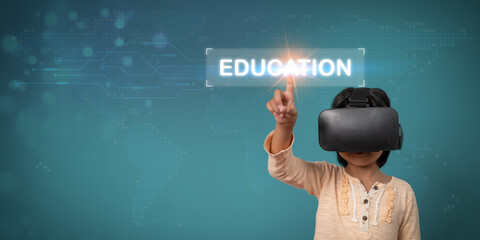 Little Asian girl child with virtual reality headset is exciting for new experiencing. Concept of 3D gadget technology and virtual world gadgets game and online education in the future