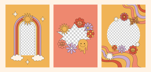 Vector set of design elements and illustrations in simple linear style. 70s groove posters with boho and hippie design elements.