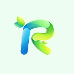 Letter R eco logo with gradient lines with green leaf. Environment friendly icon made of overlapping parts.