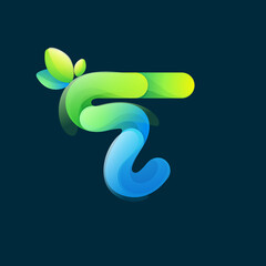 Obraz premium Letter T eco logo with gradient lines with green leaf. Environment friendly icon made of overlapping parts.