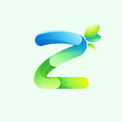 Letter Z eco logo with gradient lines with green leaf. Environment friendly icon made of overlapping parts.