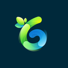 Number six eco logo with gradient lines with green leaf. Environment friendly icon made of overlapping parts.