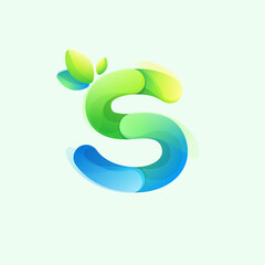 Letter S eco logo with gradient lines with green leaf. Environment friendly icon made of overlapping parts.