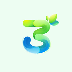 Number three eco logo with gradient lines with green leaf. Environment friendly icon made of overlapping parts.