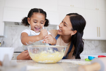 Development, mother and girl in kitchen, cooking and baking for learning, growth and being happy...