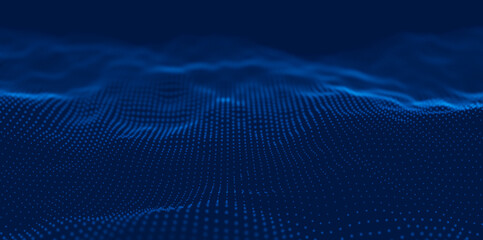 Naklejka na ściany i meble Wave of blue particles. Abstract technology flow background. Sound mesh pattern or grid landscape. Digital data structure consist dot elements. Future vector illustration.